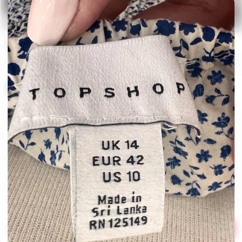 Topshop Blue Floral Smocked Puff Sleeve Blouse Ruffle Neck US 10
